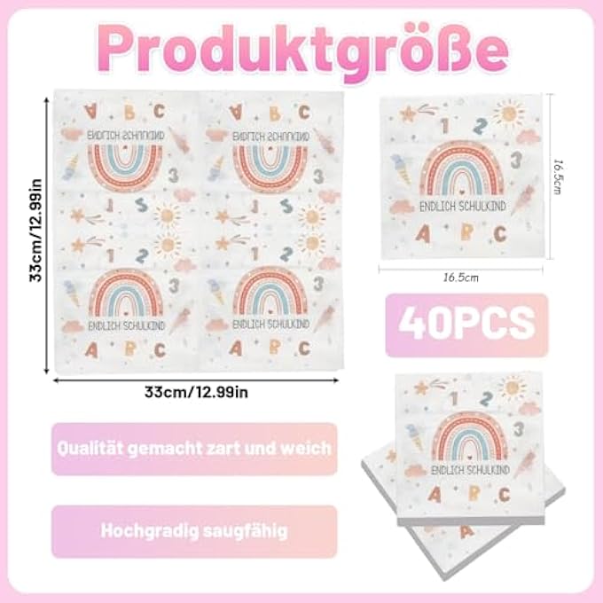 FIRST DAY OF SCHOOL NAPKINS, PACK OF 40 DECORATIVE PAPER NAPKINS WITH RAINBOW MOTIF FOR SCHOOL INTRODUCTION CELEBRATION, 3-PLY, 33 X 33 CM - Image 3